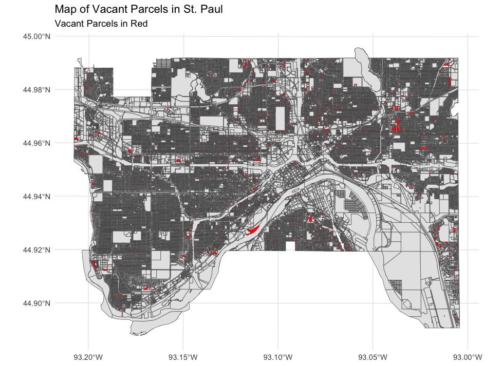 Map of St. Paul with vacant parcels highlighted in red